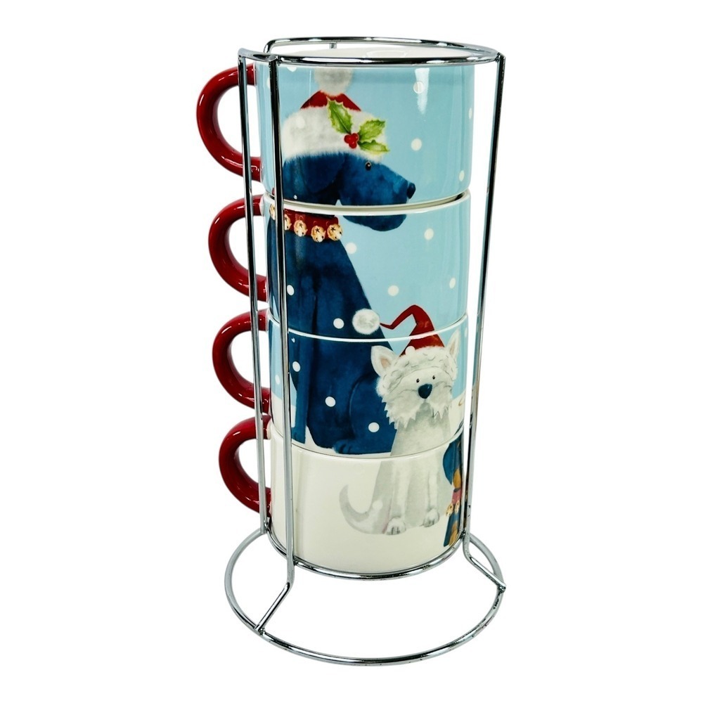 Pier 1 Christmas Holiday Dogs Stackable Coffee Mugs with Metal Stand